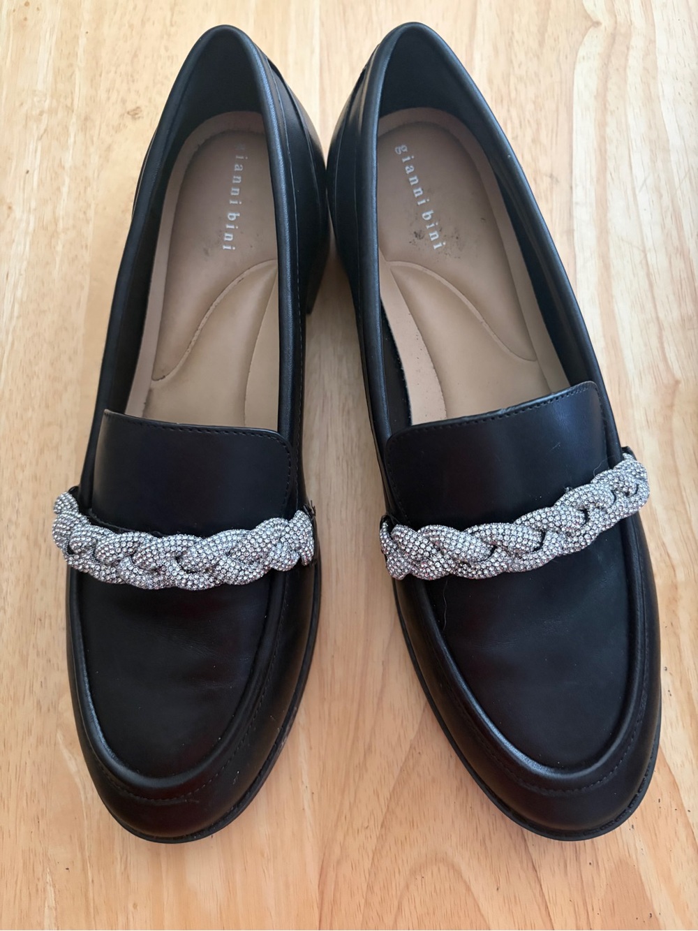 Gianni Bini Bristow Black Leather Rhinestone Braided Chain Loafers Sz 7
